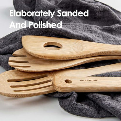 6 PCS Wooden Utensil Set, Bamboo Kitchen Cooking Spoons and Spatulas for Nonstick Cookware, 12 Inch Essential Wood Tools - size: 12 inches