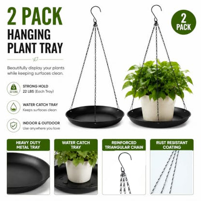 Window Plant Hanger 2 Pack, Black Metal Hanging Plant Shelf with Water Catcher Tray, Outdoor Hanging Planter Basket for Balcony, Patio & Indoor Home Decor - size: 9.8in-2Pack