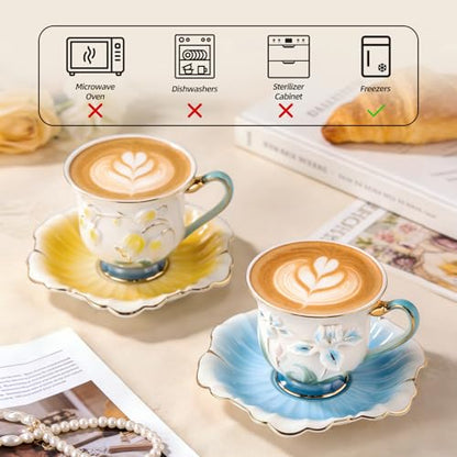KAMMAK Tea Cups and Saucers Set of 2, Porcelain Coffee Cups, NX015 | Gold Rim, Stackable Espresso Mugs, Ceramic Demitasse for Coffee, Latte, Americano, Afternoon Tea, Elegant Gift for Women - size: 8CZNX015+16