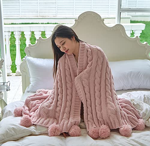 Chenille Chunky Knitted Throw Blanket with 14 pcs Pom Poms Tassel Super Soft Cozy Warm Blanket for Sofa Bed Soft Couch 50 x60 inches (Pink)?-¡­ - color: Pom-pom-pink, size: Throw 50"X60"