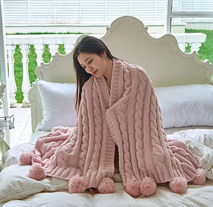 Chenille Chunky Knitted Throw Blanket with 14 pcs Pom Poms Tassel Super Soft Cozy Warm Blanket for Sofa Bed Soft Couch 50 x60 inches (Pink)?-¡­ - color: Pom-pom-pink, size: Throw 50"X60"