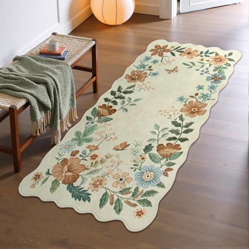 Lahome Floral Entryway Rug, 2x4 Washable Kitchen Rugs Non Slip Ultra-Thin | Front Door Mat Indoor Entrance Stain Resistant Boho Low-Pile Carpet for Entry Bathroom Bedroom Flore (2x4ft, Beige) - color: Beige, size: 2' x 4'(Rectangular)
