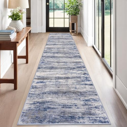 KOZYFLY Modern Abstract Hallway Runner, 2x12 Washable Rug Runner Non-Slip Soft Striped Kitchen Runner Rug, Grey Blue Print Carpet for Entryway Bathroom Laundry Room Foyer - color: Blue-grey, size: 2' x 12' (Runner)