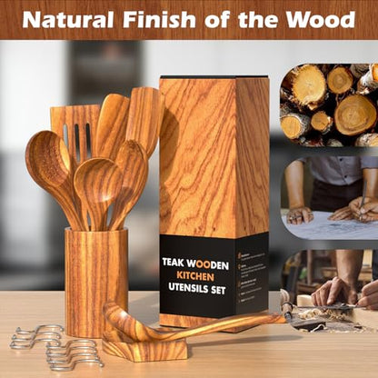 Natural Teak Kitchen Cooking Utensil Set with Holder, Wooden Spoons for Cooking, 10PCS Cooking Spatulas Set with Spoon Rest, Wooden Utensil Set for Nonstick Cookware Sturdy & Lightweight