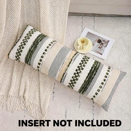 Dark Green Boho Lumbar Throw Pillow Cover 14x36 | 1 Piece,Durable Fabric,Stripe Pillow Cover,Farmhouse Cushion Case,Chenille Pillow Case,Neutral Pillowcase for Sofa Couch Bed - color: Dark Green Stripe, size: 36" x 14" (Pack of 1)