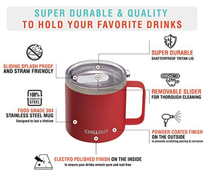CHILLOUT LIFE Stainless Steel 16 oz Vacuum Insulated Coffee Mug with Handle and Lid, Large Thermal Camping Coffee Mug Cup with Durable Sliding Lid for Men & Women, Keeps your Beverages Hot & Cold - color: Cherry Red, size: 16 Ounces