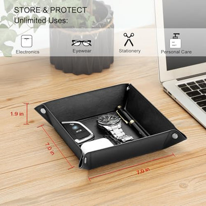 SITHON Valet Tray Desktop Storage Organizer PU Leather Catchall Tray | Bedside Nightstand Caddy Dice Holder for Keys, Phone, Wallet, Coin, Jewelry, Traveling and More, Black