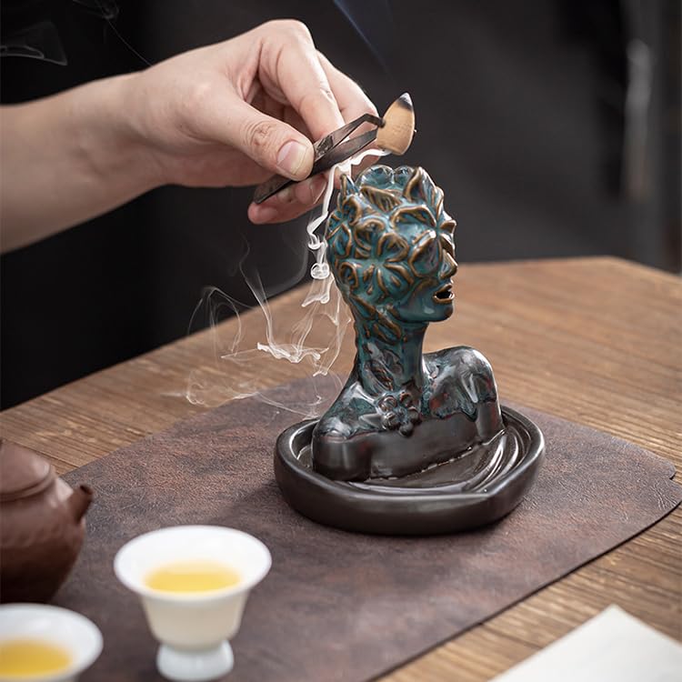 Flower Masked Half Face of Women in Hands Statue Backflow Incense Holder,Waterfall Incense Burner Holder for Sticks Cones Home Office Yoga AI034 - color: Women B