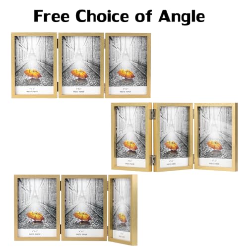 WUTL 3 Picture Frame Triple Collage 4x6 Frames with Real Glass Golden | Trifold Photo Frame, Hinged Foldable, Crystal Clear Real Glass - color: Gold, size: 4x6