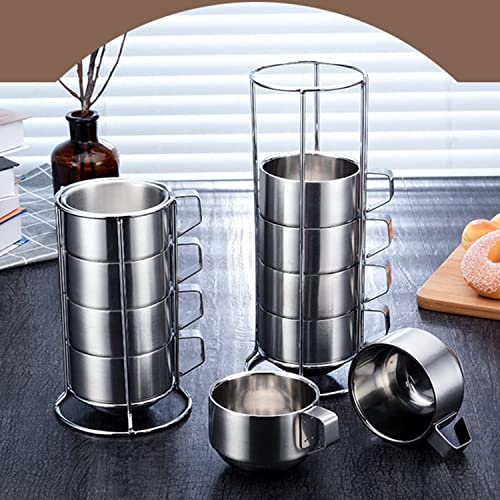 SZCXTOP 6.8 Oz Stainless Steel Coffee Cups Set of 4 Mug,Stackable Double Heat Insulation Metal Coffee Mugs with Stand Rack,Perfect for Cold Drinks or Hot Drink (4)