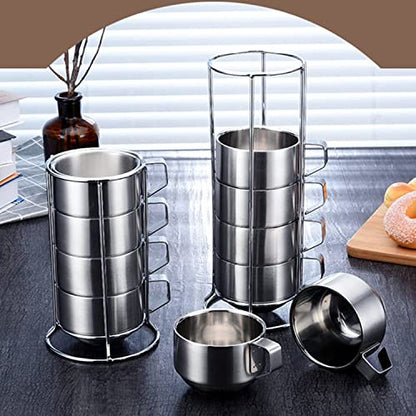 SZCXTOP 6.8 Oz Stainless Steel Coffee Cups Set of 4 Mug,Stackable Double Heat Insulation Metal Coffee Mugs with Stand Rack,Perfect for Cold Drinks or Hot Drink (4)