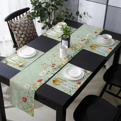 Table Runner and Placemats Set of 6 Red Orange White Flowers Decorative Dining Table Runner with Matching Placemats Green Oil Painting Table Decor for Kitchen Dining Room and Everyday Use 13x90in - size: 13"x90"+6pcs