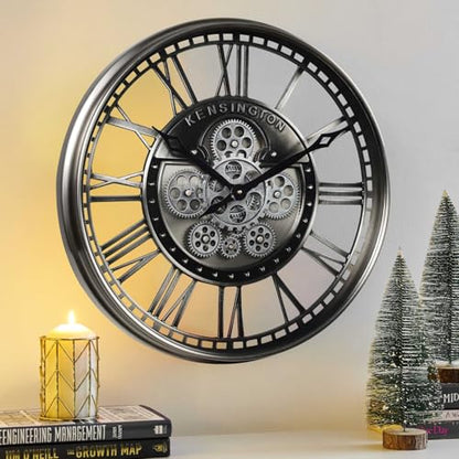 21" Metal Roman Numeral Wall Clock with Moving Gears,Gunmetal | SIilent Non Ticking, Aluminum Dial, Unique Modern Wall Clocks for Living Room, Dinning Room, Entryway & Home Office - color: Roman Gunmetal, size: 21"