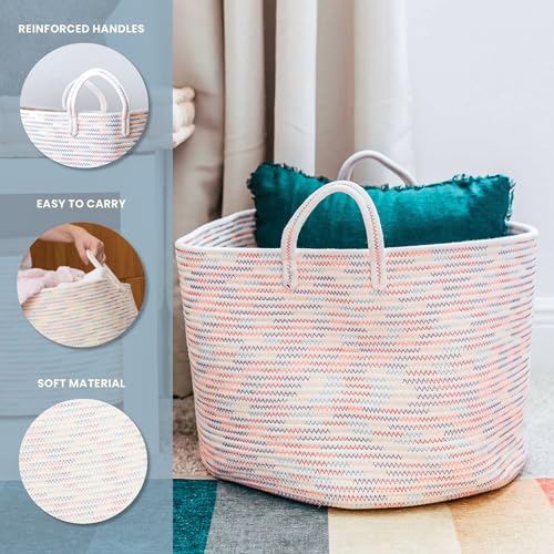 OrganiHaus Round Toy Basket & Blanket Basket, Cotton Rope 20x13" | Stitches Rainbow - Round Cotton Rope Basket, 20x13" - color: Stitches Rainbow, size: Wide