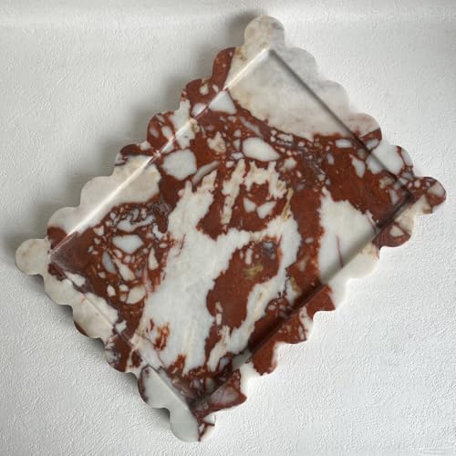 Natural Scalloped Marble Rectangular Tray, 10.8"x8", Decorative for Bathroom, Kitchen, Dresser (Calacatta Red) - color: Calacatta Red