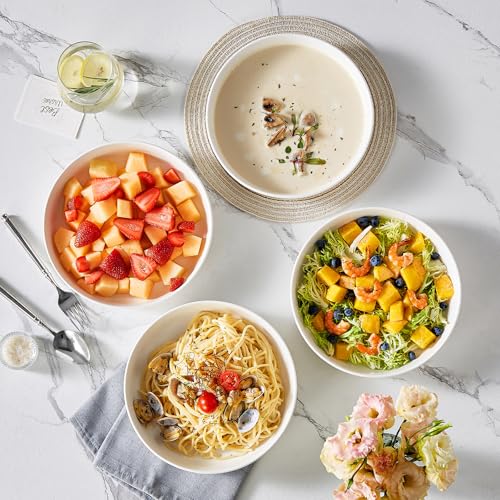 MALACASA 48 Oz Pasta Bowls Set of 4, Ceramic Salad Bowls, White | Microwave, Oven (482F), and Dishwasher Safe, For Pasta, Salad, Cereal, and Soup, 9 Inch Wide Shallow Design, Stackable, LUNA - color: White