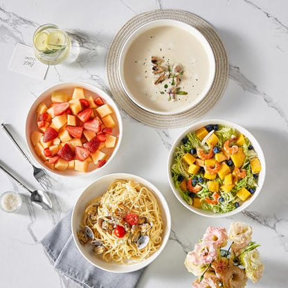 MALACASA 48 Oz Pasta Bowls Set of 4, Ceramic Salad Bowls, White | Microwave, Oven (482F), and Dishwasher Safe, For Pasta, Salad, Cereal, and Soup, 9 Inch Wide Shallow Design, Stackable, LUNA - color: White