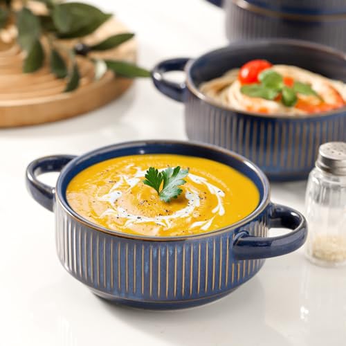 Soup Bowls with Handles, 23 oz French Onion Soup Crocks, Stackable Soup Bowl Oven Safe for Chili, Beef Stew, Embossment Ceramic Bowl Set - 5.4 Inch, Set of 4,Blue - color: Blue