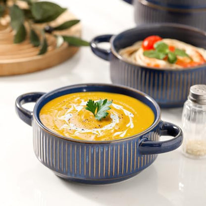 Soup Bowls with Handles, 23 oz French Onion Soup Crocks, Stackable Soup Bowl Oven Safe for Chili, Beef Stew, Embossment Ceramic Bowl Set - 5.4 Inch, Set of 4,Blue - color: Blue