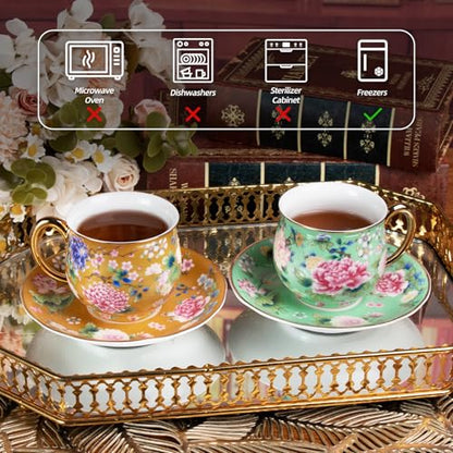 KAMMAK Tea Cup and Saucer, Ceramic Coffee Cups, 7.1 oz, Set of 2 | Porcelain Tea Cups with Saucers for Coffee and Cappuccino, Ideal for Breakfast, Afternoon Tea and Entertaining,942+944N - style: 942N+944N