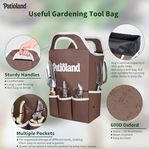 Brown Garden Tools Set 10-Piece, Gardening Gifts for Women Men | Aluminum, Heavy Duty Gardening Hand Tools With Non-Slip Ergonomic Handles, Gloves, Organizer Tote Bag, Garden Starter Kit - color: brown-10pcs