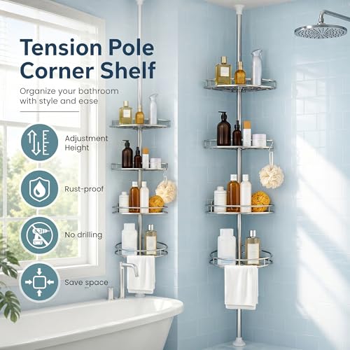 Corner Shower Caddy Tension Pole, 4-Tier SS Bathroom Storage Rack | shower pole caddy corner, 4-Tier Stainless Steel Bathroom Storage Rack, No-Drill Adjustable Shower Shelves for RV doom studio