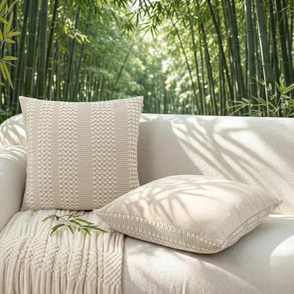 a moment 2 Pack Bamboo Fiber Pillow Covers - Waffle Weave, Ultra Soft & Breathable, Skin-Friendly Cotton Throw Pillow for Couch, Sofa, Bedroom Living Room 18x18 Inch Beige - color: Beige, size: 18" x 18" (Pack of 2)