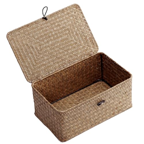 Nonam Small Basket with Lid, Natural Seagrass Bin with Lid, Shelf Baskets Multipurpose Container for Boho Decoration, Rectangular Household Storage Boxes for Home Organization-Coffee - color: S-Coffee
