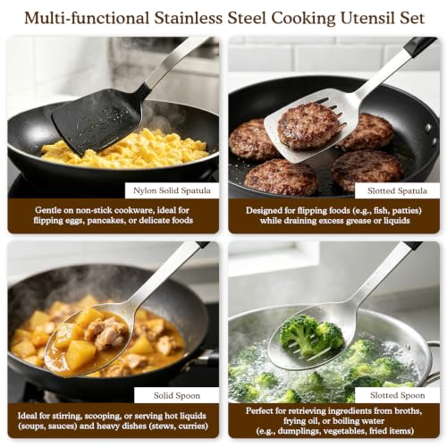 4 Pcs Cooking Utensils Set, Stainless Steel Kitchen Utensils, Heat Resistant Metal Kitchen Tools Include Solid, Slotted Turner, Serving Spoon, Non-Stick Wok Spatula, Dishwasher Safe, Silver