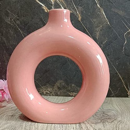 India Meets India Ceramic Vase [Pink], Ceramic Donut Circle Vase, Decorative Hollow & Pampas Dried Flowers Vase for Home Decoration/Living Room/Bedroom/Office/Table/Bookshelf, 8"