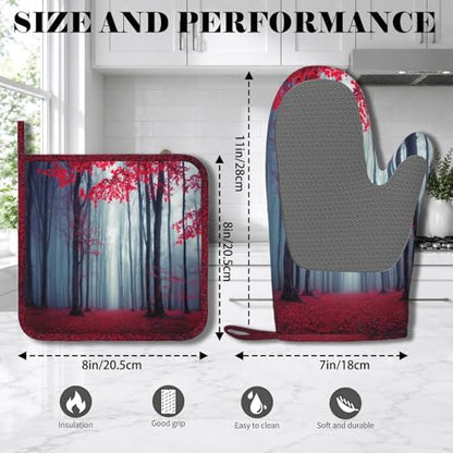 Misty Forest Oven Mitt and Pot Holder with Silicone Woodland Mountain Heat Resistant Kitchen for Cooking BBQ Baking Grilling Cooking Protection - color: Misty Forest