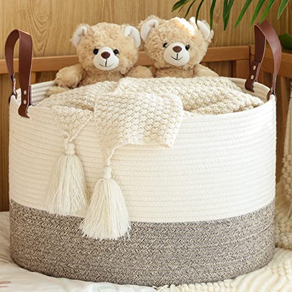KAKAMAY Large Blanket Basket (20"x13"),Woven Baskets for storage Baby Laundry Hamper,Cotton Rope Blanket Basket for Living Room, Laundry, Nursery, Pillows, Baby Toy chest (White/Beige) | Extra Large Capacity | Natural Cotton Rope | Blanket Storage | Woven