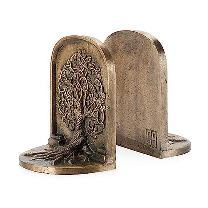 Tree of Life Bookends, Antique Brass, 2 Decorative Bookends for Shelves or Bookcase, Cast Iron, Non-Skid Heavy Bookends, Home Décor Gift