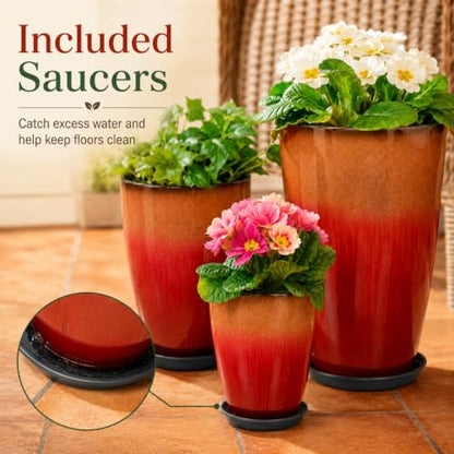 Neoaider Set of 3 Tall Planter, 24/21/12in Large Plastic Planter, Firey Red | Ceramic-Look, Lightweight, Built-in Drain Hole, Saucers, Tall Outdoor Planter for Porch, Garden, Patio, Balcony - color: Fiery Red