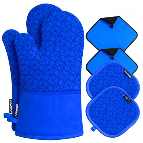 Oven Mitts and Pot Holders Sets 6pcs, Kitchen Oven Glove,High Heat Resistant 550 Degree Extra Long Oven Mitts and Potholders with Non-Slip Silicone Surface for Home Essentials (Grey) (Navy Blue) - color: Navy Blue