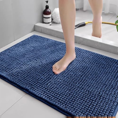 Chenille Bathroom Rugs Soft Plush Bath Mat Non-Slip Absorbent Bath Carpet Mats Quick Dry Machine Washable for Toilet Bathtubs Shower - color: Navy Blue, size: 60*90cm