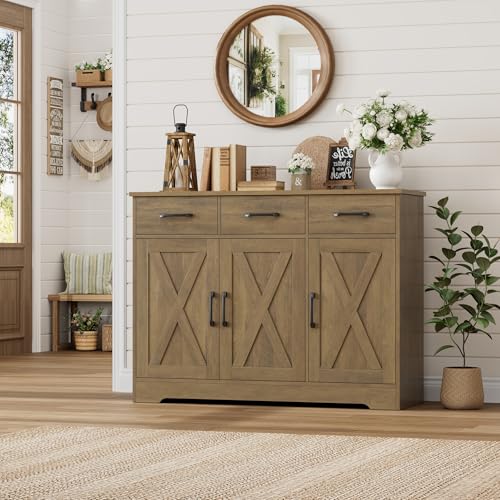 HOSTACK Kitchen Buffet Cabinet with Storage, Sideboard Coffee Bar, Brown | Farmhouse Kitchen Storage Cabinet with 3 Drawers & Adjustable Shelf, 42.5"W Buffet Table for Dining Living Room - color: Rustic Brown