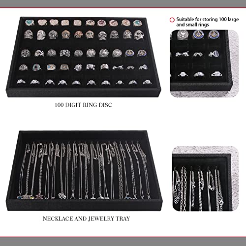 Julysky 4 Pcs/set Stackable Jewelry Organizer Trays for Drawer,100 Slots Ring Tray，Necklace Tray,12 Grid,24 Grid Jewelry Displays for Selling,Black - size: 100slot+Necklice+12grid+24grid