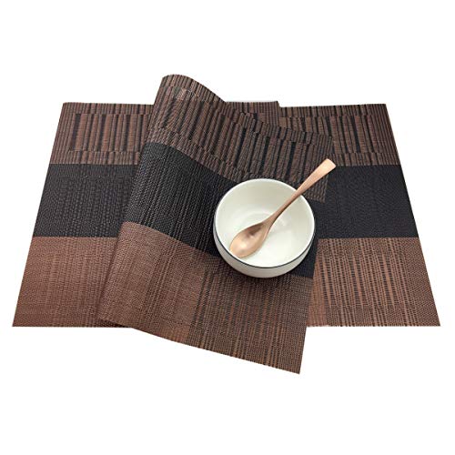 Exquisite Placemats Set of 6 Woven Vinyl Placemat for Dining Table Heat Resistant Wipe Clean (6, Ombre Coffee Black) - color: Brown-gradient