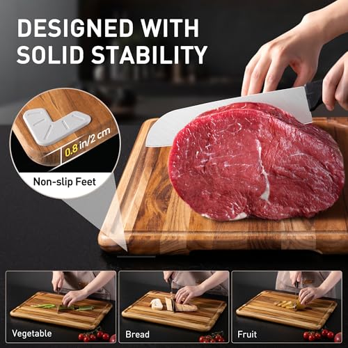4 Pack Teak Wood Cutting Board Set for Kitchen Heavy Duty Non Toxic Non Slip Solid Thick Wood Haus Chopping Board Extra Large Big Small Meat Best Essential House Warming Hostess Host Gift - style: Set of 4 with Holder