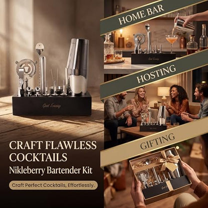Premium 18-Piece Bartender Kit - Mixology Cocktail Shaker Set with Modern Bamboo Stand, Weighted Boston Shaker, Bar Mat & Recipe Book | 304 Stainless Steel Home Bar Accessories