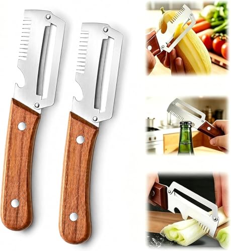 2Pack MultiFunctional Vegetable Peeler,3 in 1 Multi Functional Wooden Handle Peeler and Bottle Opener, Kitchen Gadgets Tool for Fruit Pumpkin Peeling Potato Carrot Veggie Peeler