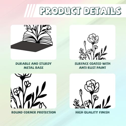 5.3"x4.3"x7.9" Metal Bookends, Heavy Duty Book Ends for Shelves | Books and Flowers Theme Cast Iron Book Supports, 1 Pair Decor Stoppers for Desk, Library, Office & Home Shelves - style: Books and Flowers
