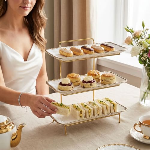 Three-Tier Ceramic Plate Rack - Foldable Gold Plate Rack with Three Large 14-inch White Plates for displaying Food, Fruit, Desserts, and Entertaining Guests. - color: 3-tier 14 Inch Serving Rack