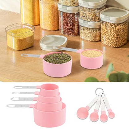 8 PCS Tainless Steel Measuring Cups and Spoons Set, Nesting Measuring Cup and Spoon Set for Precise Cooking Measurements in the Kitchen, Pink - color: Pink