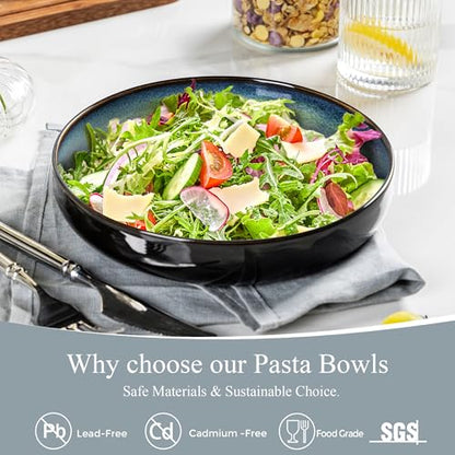 LERATIO 8.5" Ceramic Pasta Bowls Set of 4,38oz Large Stoneware Bowls Set | Reactive Glaze Serving Bowls Set,Wide Bowl for Pasta,Salad,Fruit & Noodles,Housewarming & Wedding Gift-Light Green - color: Blue White, size: Set of 4
