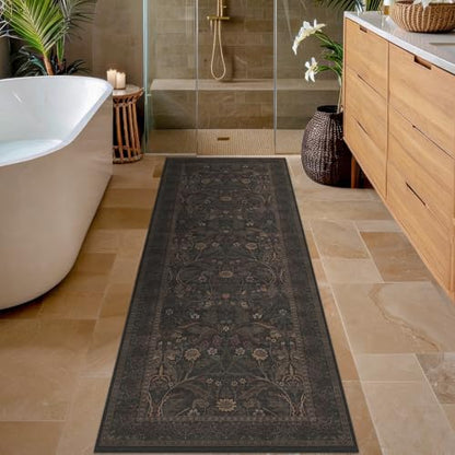 Washable 2x6 Kitchen Runner Rugs Non Slip - Dark Brown Hallway Runner Rug, Farmhouse Non Slip Floral Botanical Bathroom Mats, Southwestern Cabin Bedroom, Hall Way Low Pile Carpet - color: Brown, size: 2' x 6' (Runner)