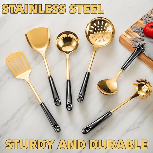 Novellus Stainless Steel Gold Kitchen Utensils Set with Holder, 7pcs Kitchen Accessories for Cooking, Household Utensils Includes Soup Ladle, Spatulas, Slotted Spoon, Pasta Spoon, Black & Gold - color: Black & Gold