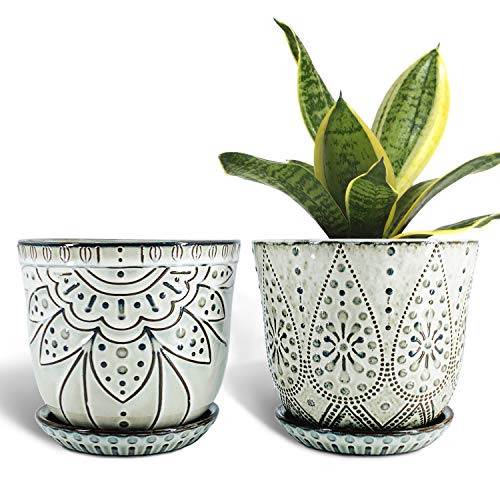 Gepege Ceramic Plant Pots, 6 Inch Indoor Planters with Drainage & Saucers | Ceramic pots for plants with drainage holes, ceramic saucers and mesh pads, ideal for flowers, herbs and succulents, set of 2 - color: Cream White, size: 6 Inch - Set of 2
