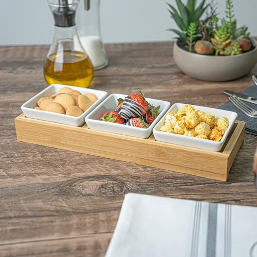 Restaurantware-6 Ounce Bowl Set with Tray - 1 Dishwashable Serving Set, Includes 3 Porcelain Bowls And 1 Bamboo Tray, Durable, White Porcelain And Bamboo Bowl And Platter Kit, Reusable, Freezable - size: Triple set, style: Modern
